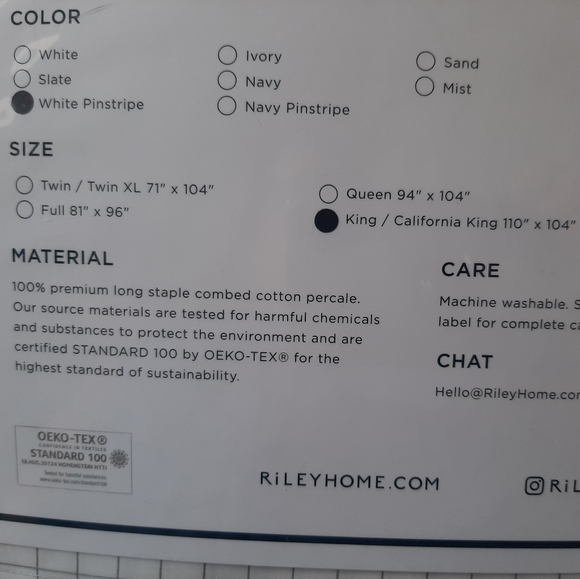 *RILEY Cotton Percale KING Flat Sheet White Pinstripe - Picture 3 of 8